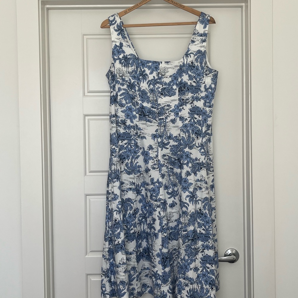 Blue Floral Toile Square-Neck Dress